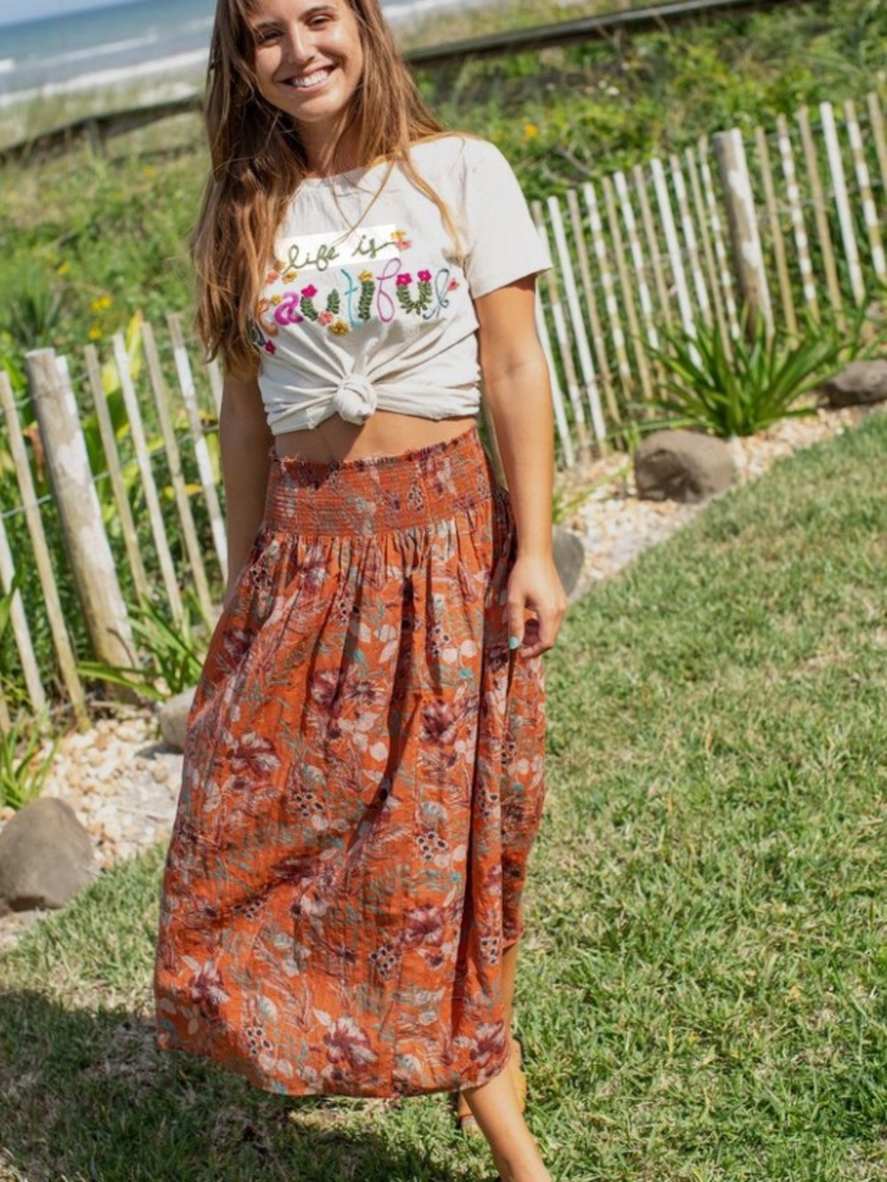 Natural Life Meadow Smocked Midi Skirt Burnt Orange Floral Size XS/S
